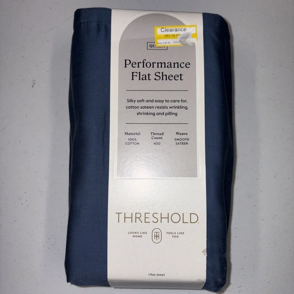 Threshold Performance 100% Cotton Sateen QUEEN Flat Sheet Blue 400 TC Smooth